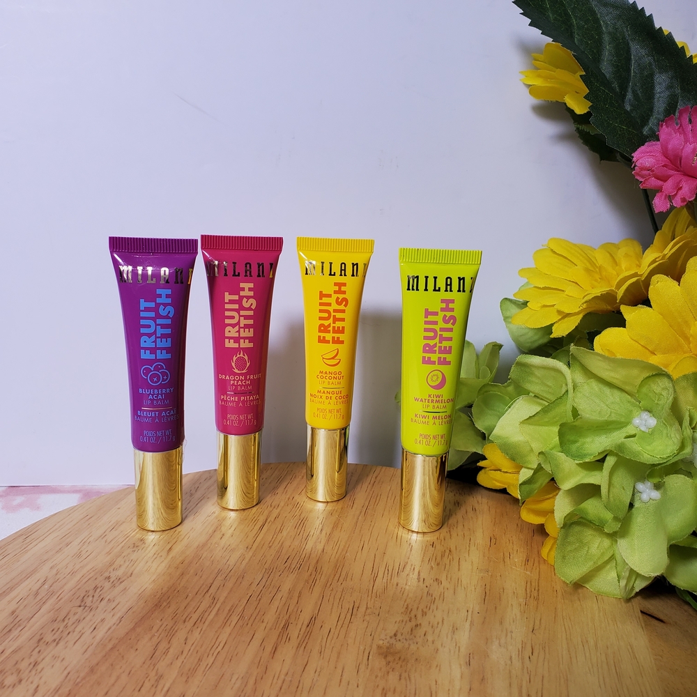 Milani Fruit Fetish Hydrating 4pc Lip Gloss Tube Purple Pink Yellow Green Makeup